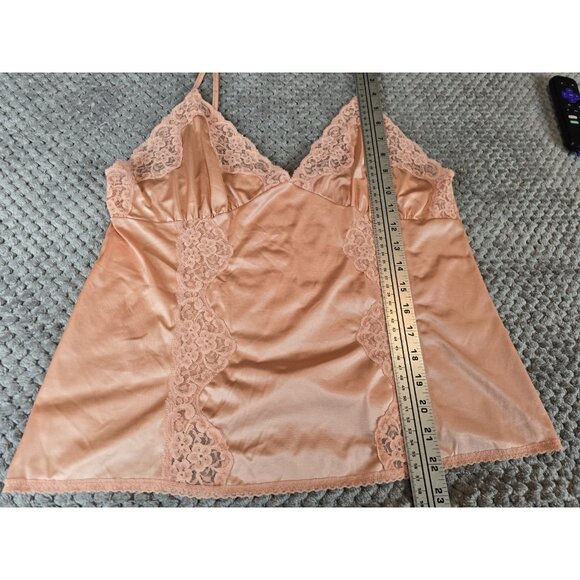Vintage Blush Satin & Lace Camisole Tank Top - Peachy Pink Babydoll Lingerie - Picture 4 of 6